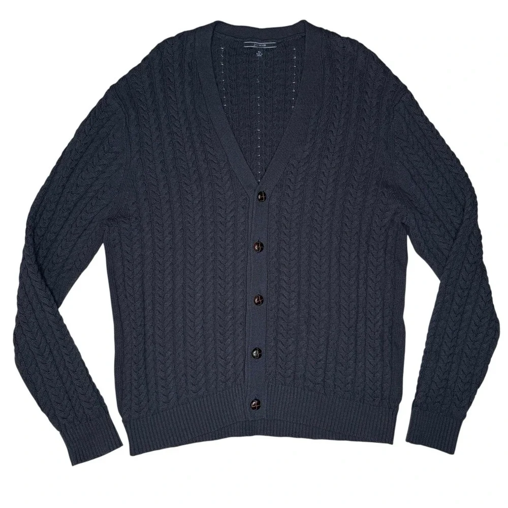 Vintage Cable Knit Fisherman Cardigan XL Jachs NY Linen Navy Blue Long V‎ Neck